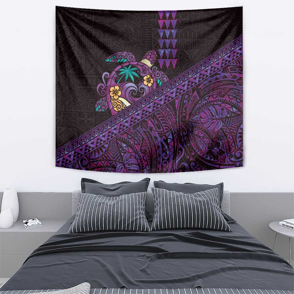Hawaiian Abstract Sea Turtle Tapestry Polynesian Tapa Art and Kakau Tattoo Purple WaterColor - Polynesian Pride