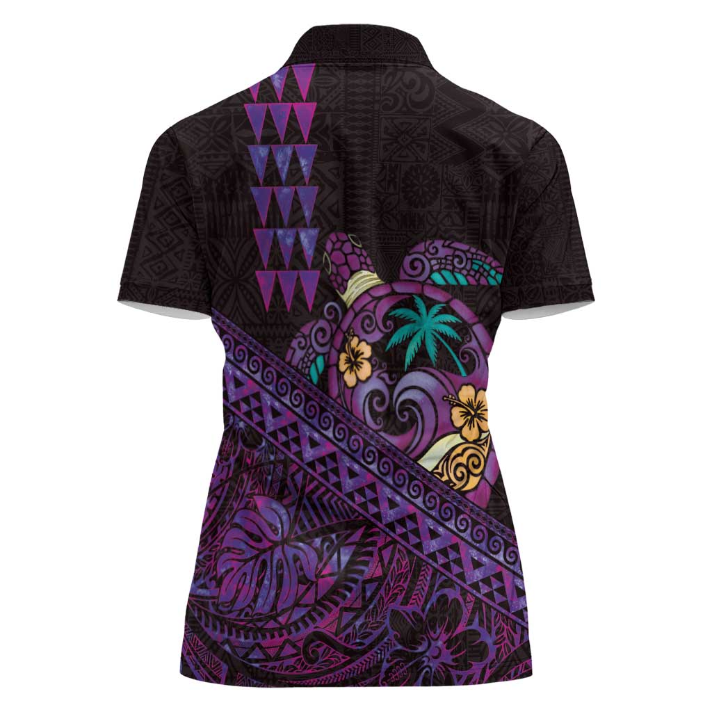 Hawaiian Abstract Sea Turtle Women Polo Shirt Polynesian Tapa Art and Kakau Tattoo Purple WaterColor - Polynesian Pride