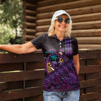 Hawaiian Abstract Sea Turtle Women Polo Shirt Polynesian Tapa Art and Kakau Tattoo Purple WaterColor - Polynesian Pride
