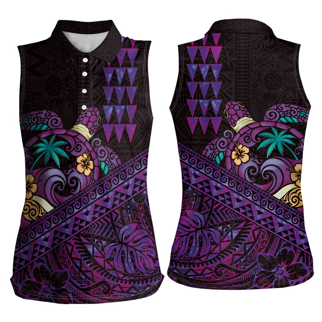 Hawaiian Abstract Sea Turtle Women Sleeveless Polo Shirt Polynesian Tapa Art and Kakau Tattoo Purple WaterColor - Polynesian Pride