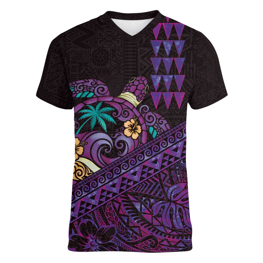Hawaiian Abstract Sea Turtle Women V-Neck T-Shirt Polynesian Tapa Art and Kakau Tattoo Purple WaterColor - Polynesian Pride