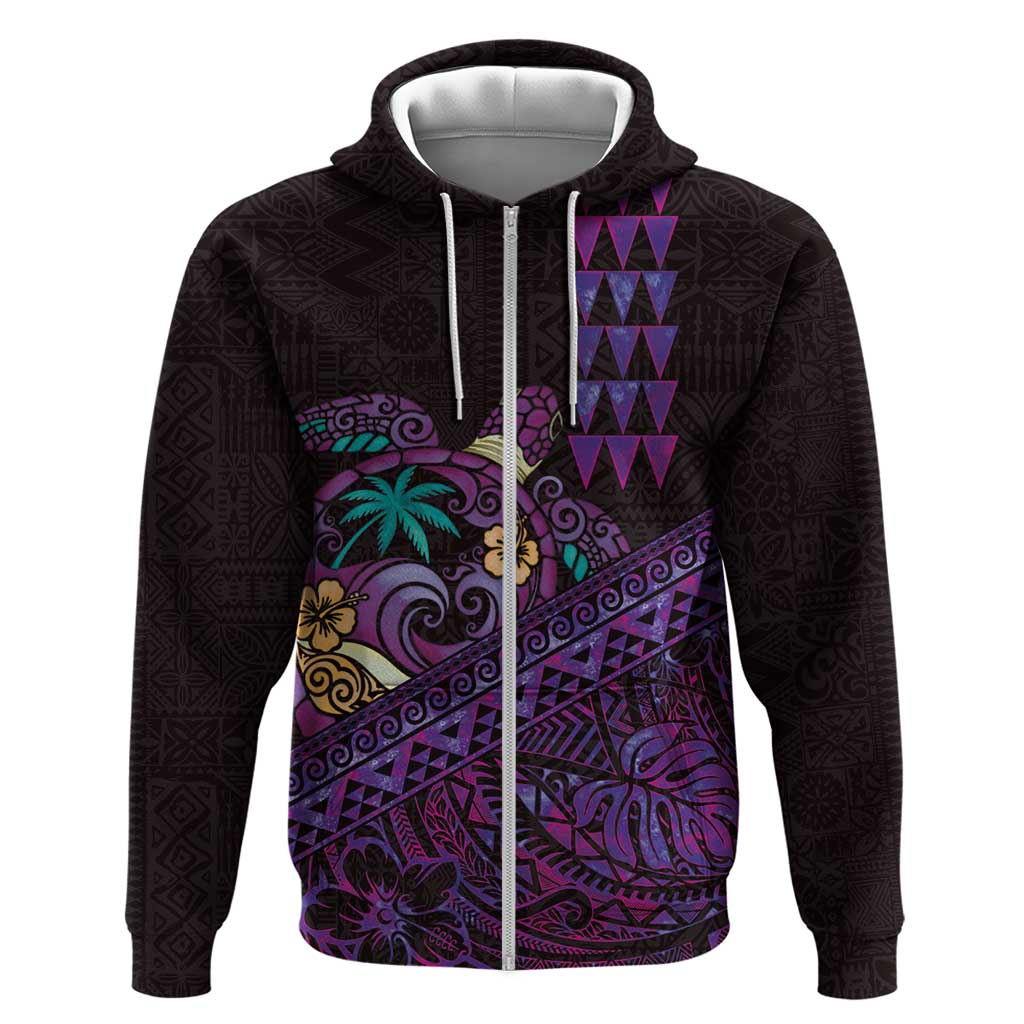 Hawaiian Abstract Sea Turtle Zip Hoodie Polynesian Tapa Art and Kakau Tattoo Purple WaterColor - Polynesian Pride