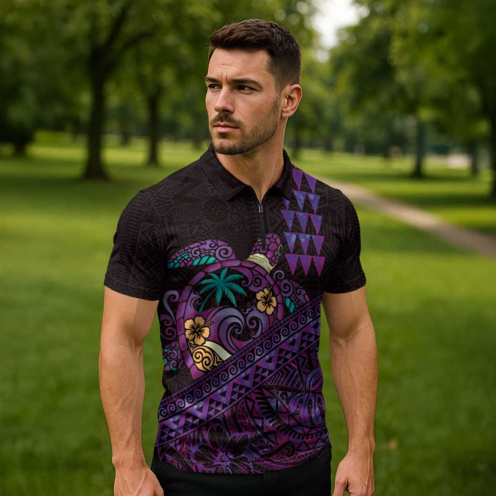 Hawaiian Abstract Sea Turtle Zipper Polo Shirt Polynesian Tapa Art and Kakau Tattoo Purple WaterColor - Polynesian Pride