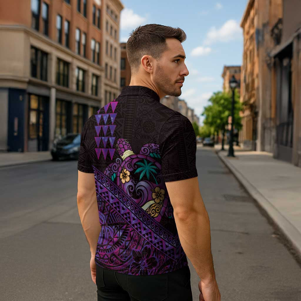 Hawaiian Abstract Sea Turtle Zipper Polo Shirt Polynesian Tapa Art and Kakau Tattoo Purple WaterColor - Polynesian Pride