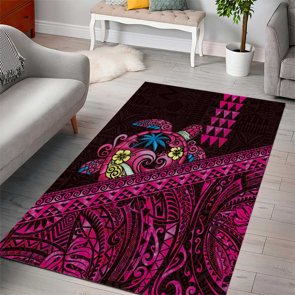 Hawaiian Abstract Sea Turtle Area Rug Polynesian Tapa Art and Kakau Tattoo Pink WaterColor - Polynesian Pride
