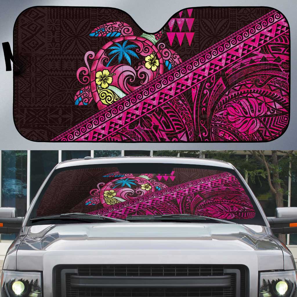 Hawaiian Abstract Sea Turtle Auto Sun Shade Polynesian Tapa Art and Kakau Tattoo Pink WaterColor - Polynesian Pride