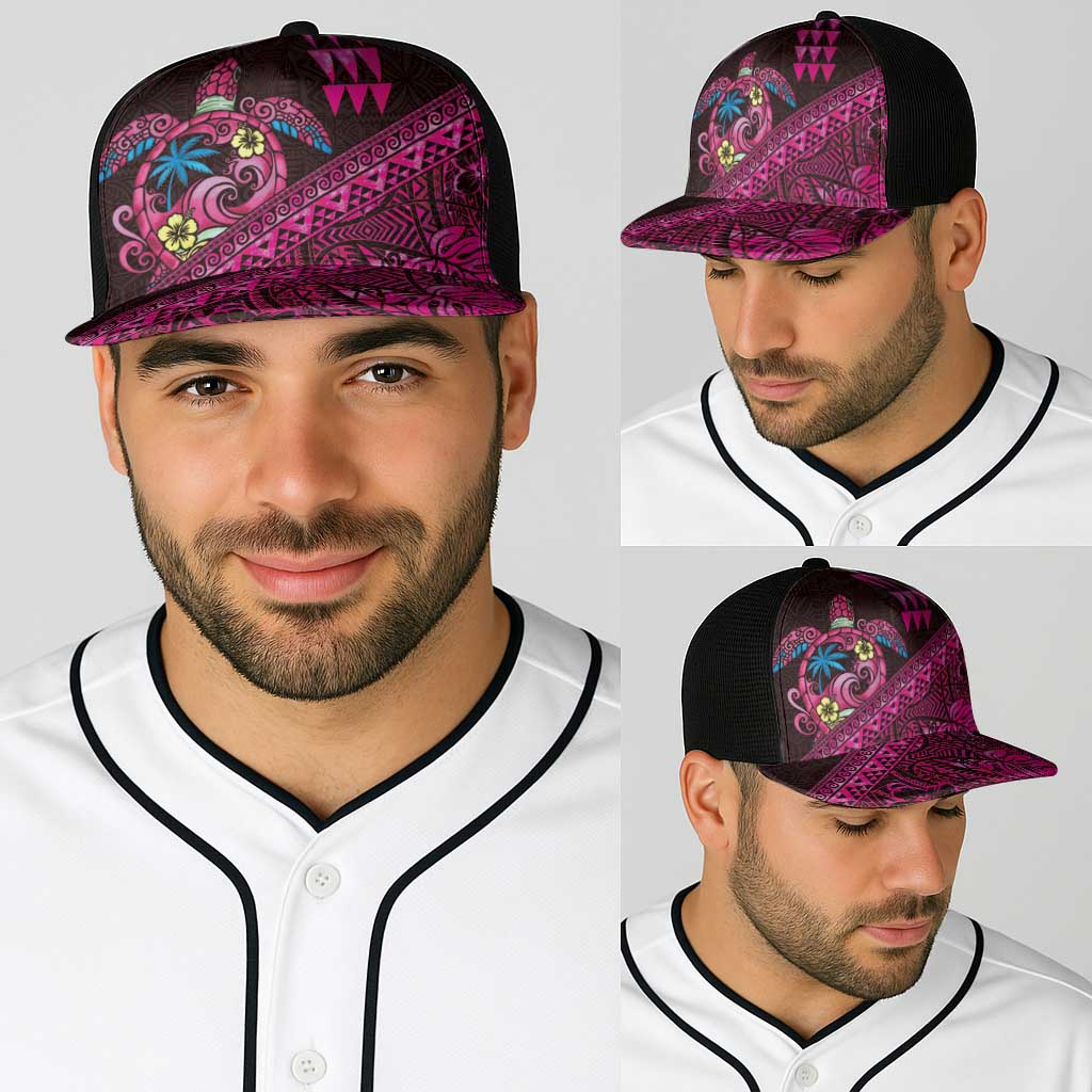 Hawaiian Abstract Sea Turtle Baseball Net Cap Polynesian Tapa Art and Kakau Tattoo Pink WaterColor - Polynesian Pride