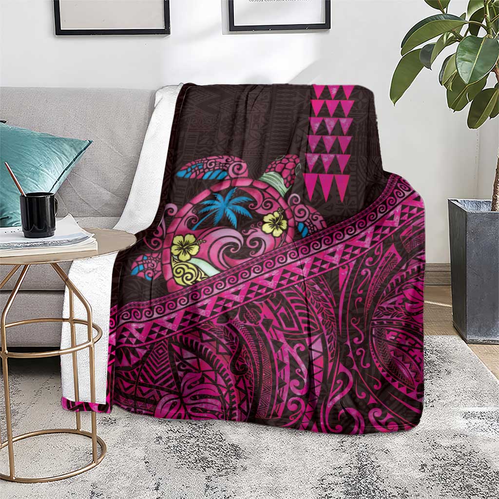 Hawaiian Abstract Sea Turtle Blanket Polynesian Tapa Art and Kakau Tattoo Pink WaterColor - Polynesian Pride