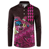 Hawaiian Abstract Sea Turtle Button Sweatshirt Polynesian Tapa Art and Kakau Tattoo Pink WaterColor - Polynesian Pride