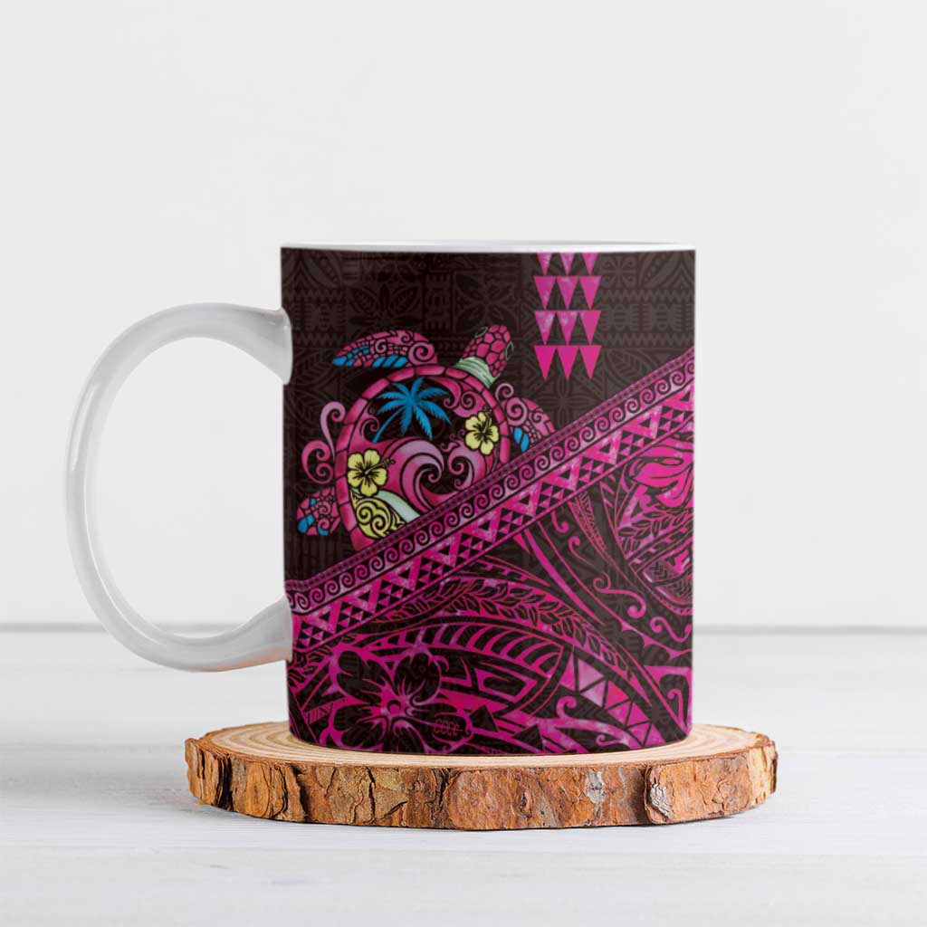 Hawaiian Abstract Sea Turtle Ceramic Mug Polynesian Tapa Art and Kakau Tattoo Pink WaterColor - Polynesian Pride
