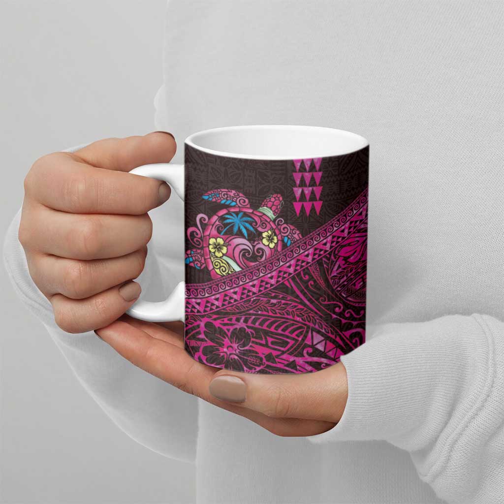 Hawaiian Abstract Sea Turtle Ceramic Mug Polynesian Tapa Art and Kakau Tattoo Pink WaterColor - Polynesian Pride