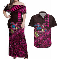 Hawaiian Abstract Sea Turtle Couples Matching Off Shoulder Maxi Dress and Hawaiian Shirt Polynesian Tapa Art and Kakau Tattoo Pink WaterColor - Polynesian Pride