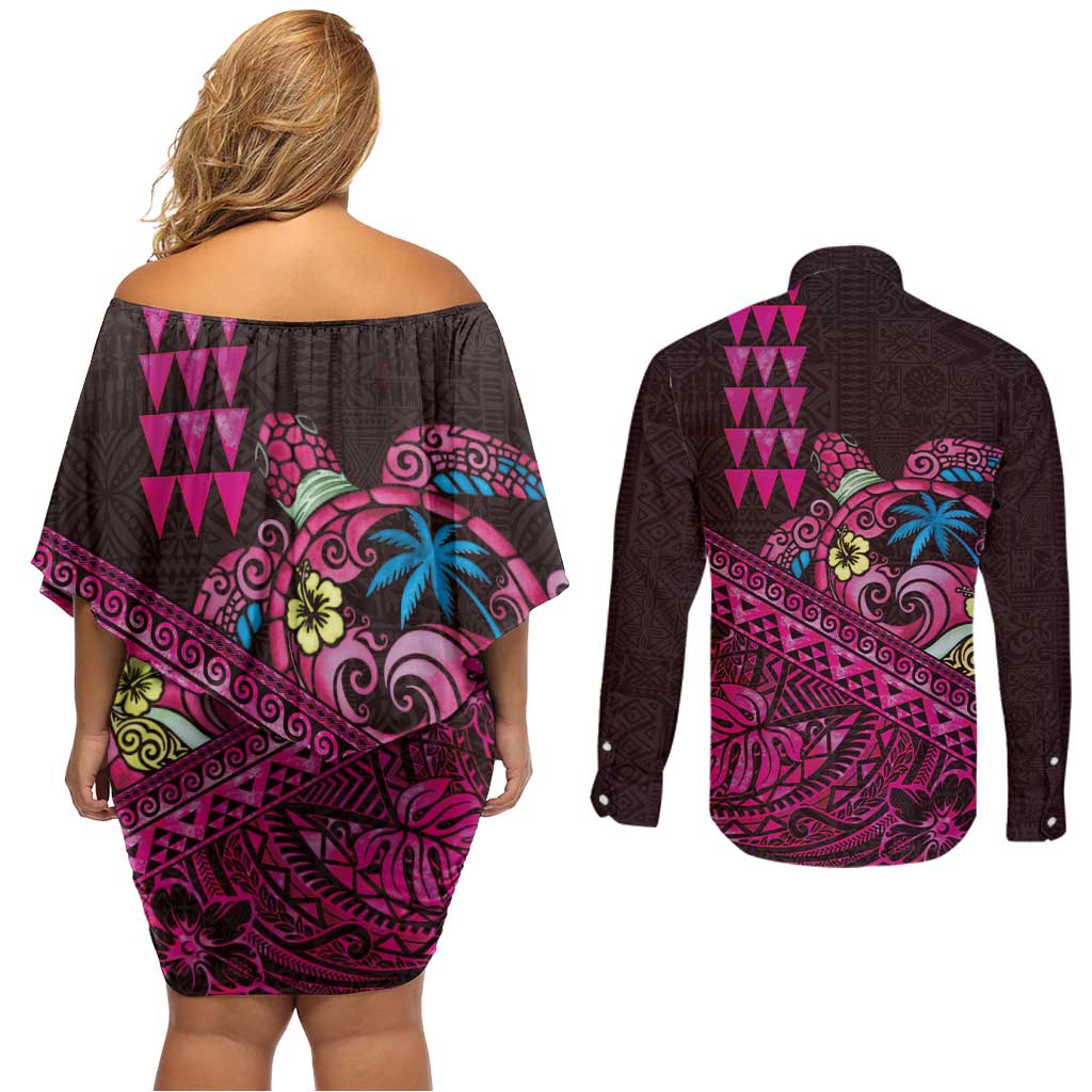 Hawaiian Abstract Sea Turtle Couples Matching Off Shoulder Short Dress and Long Sleeve Button Shirt Polynesian Tapa Art and Kakau Tattoo Pink WaterColor - Polynesian Pride