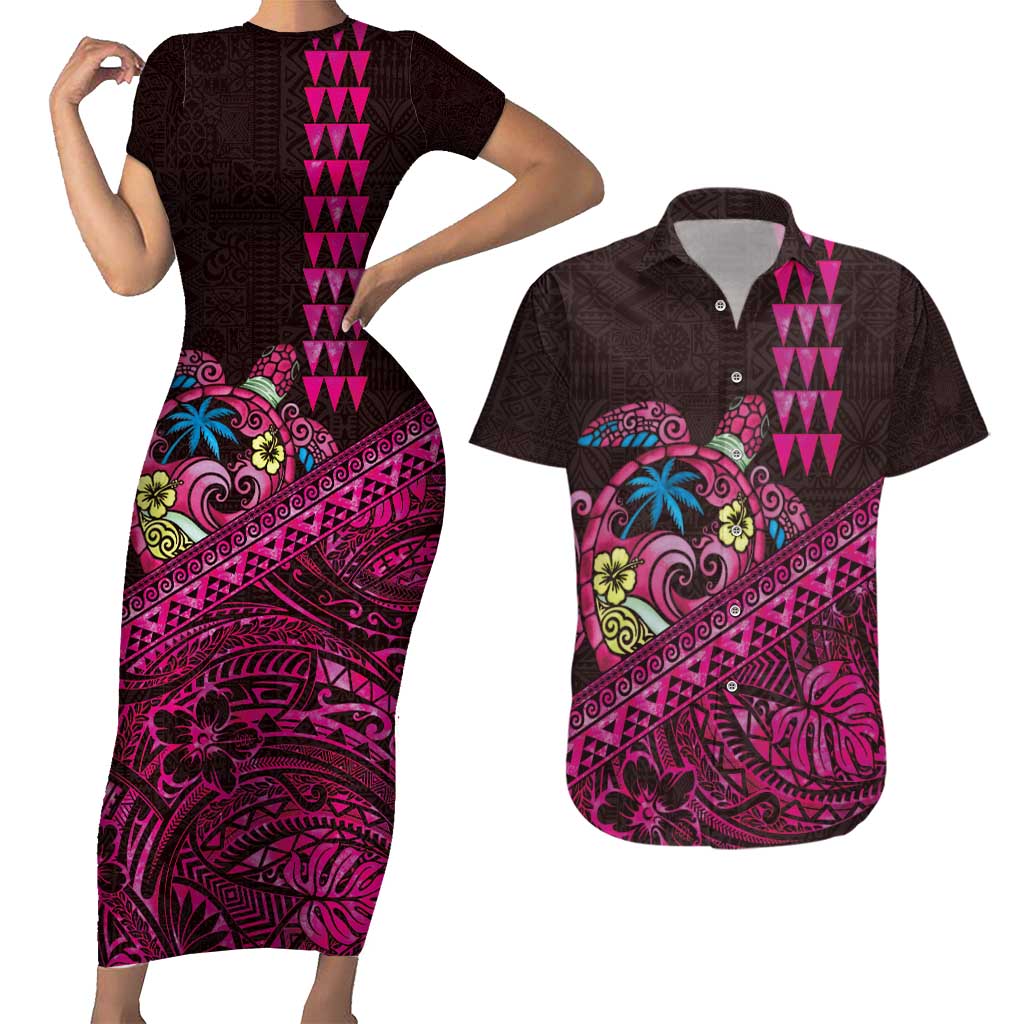 Hawaiian Abstract Sea Turtle Couples Matching Short Sleeve Bodycon Dress and Hawaiian Shirt Polynesian Tapa Art and Kakau Tattoo Pink WaterColor - Polynesian Pride