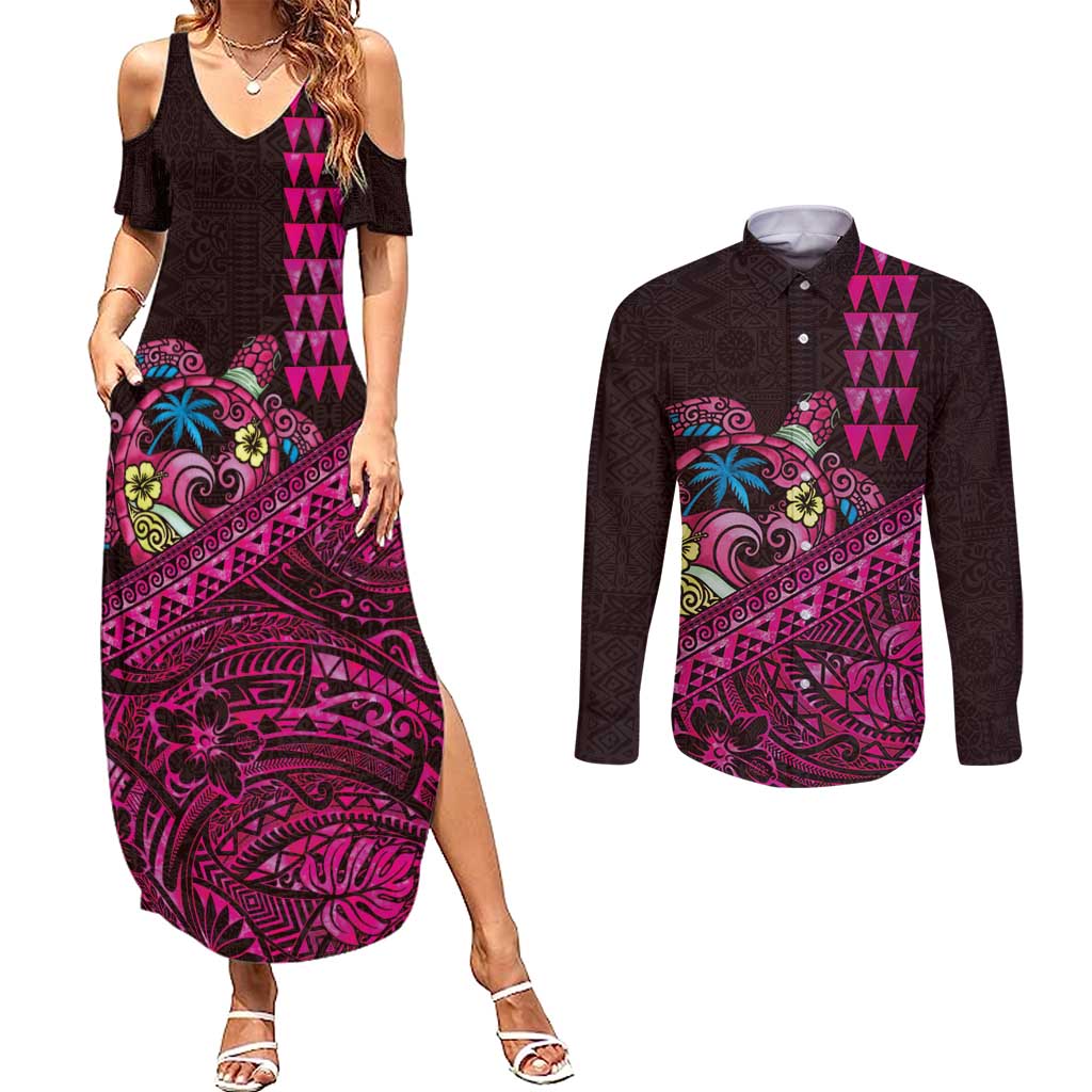 Hawaiian Abstract Sea Turtle Couples Matching Summer Maxi Dress and Long Sleeve Button Shirt Polynesian Tapa Art and Kakau Tattoo Pink WaterColor - Polynesian Pride