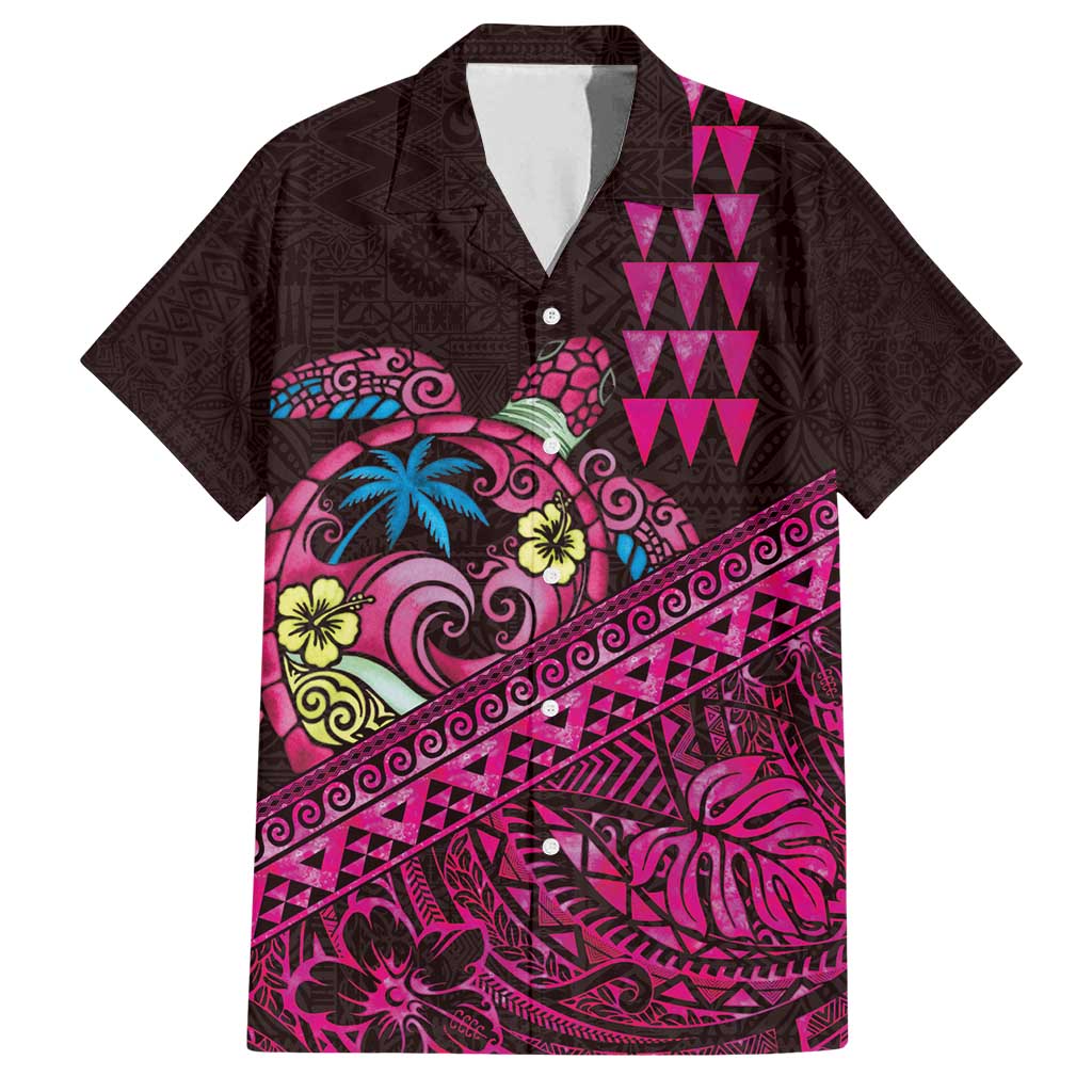 Hawaiian Abstract Sea Turtle Family Matching Long Sleeve Bodycon Dress and Hawaiian Shirt Polynesian Tapa Art and Kakau Tattoo Pink WaterColor - Polynesian Pride