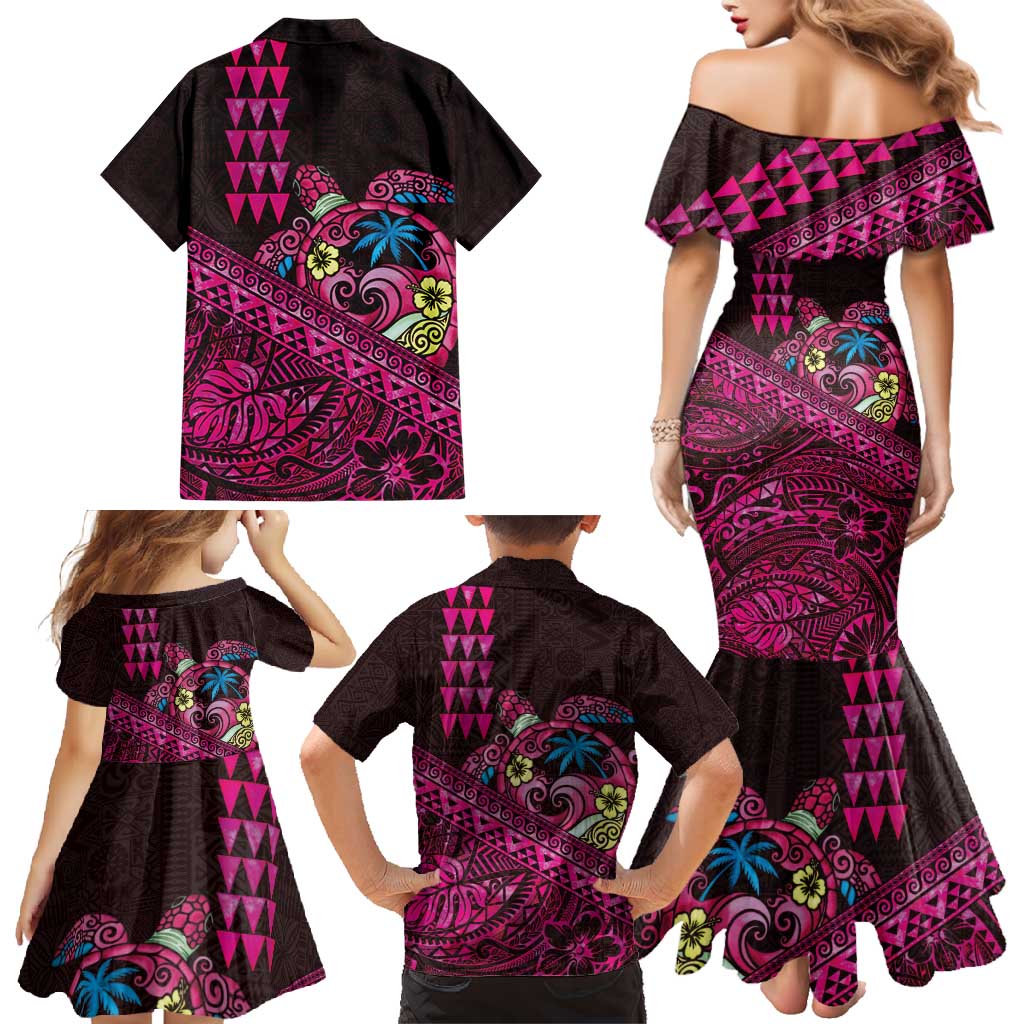 Hawaiian Abstract Sea Turtle Family Matching Mermaid Dress and Hawaiian Shirt Polynesian Tapa Art and Kakau Tattoo Pink WaterColor - Polynesian Pride