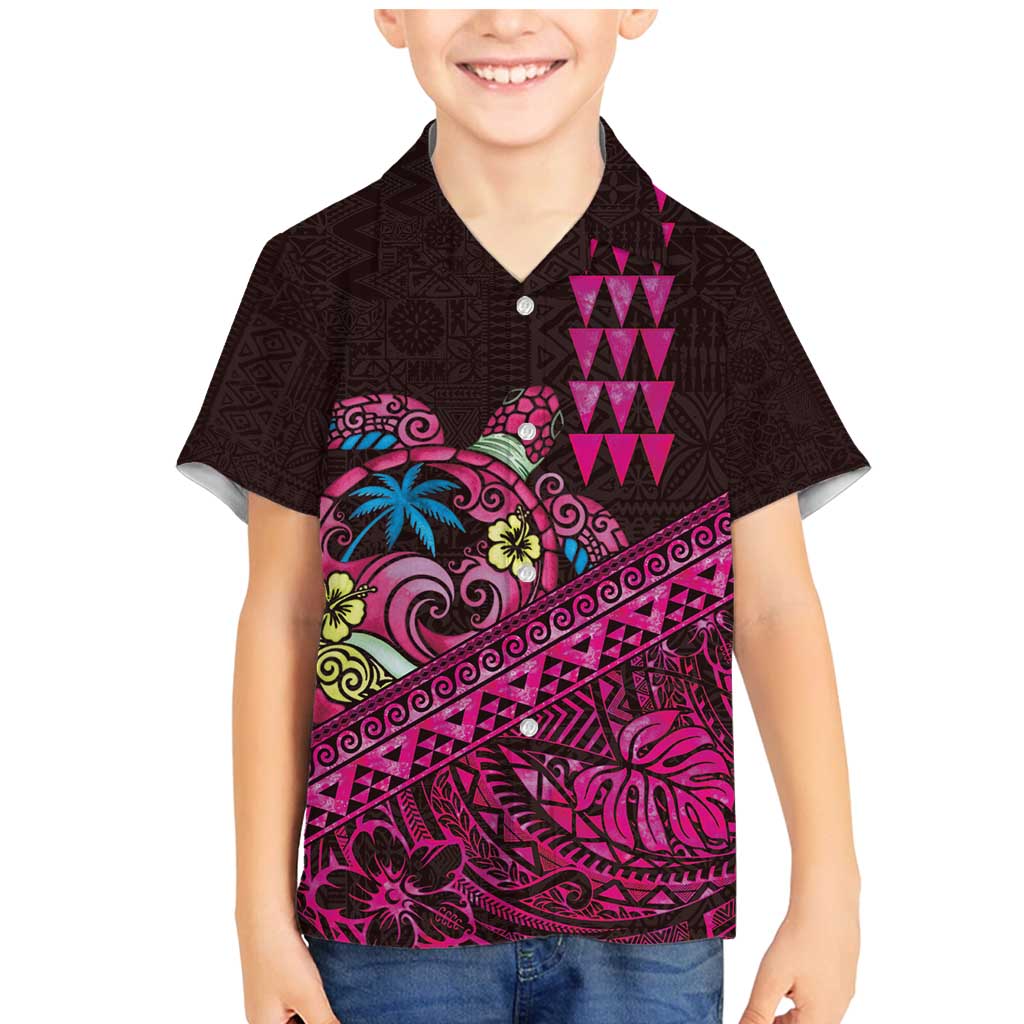 Hawaiian Abstract Sea Turtle Family Matching Mermaid Dress and Hawaiian Shirt Polynesian Tapa Art and Kakau Tattoo Pink WaterColor - Polynesian Pride