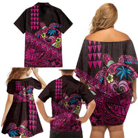 Hawaiian Abstract Sea Turtle Family Matching Off Shoulder Short Dress and Hawaiian Shirt Polynesian Tapa Art and Kakau Tattoo Pink WaterColor - Polynesian Pride