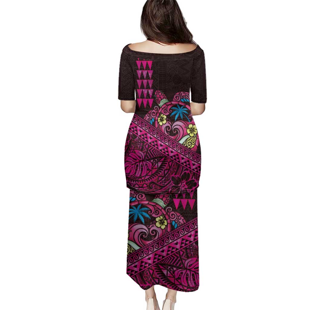Hawaiian Abstract Sea Turtle Family Matching Puletasi and Hawaiian Shirt Polynesian Tapa Art and Kakau Tattoo Pink WaterColor - Polynesian Pride