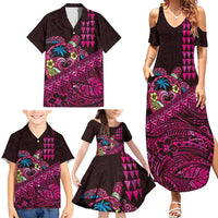 Hawaiian Abstract Sea Turtle Family Matching Summer Maxi Dress and Hawaiian Shirt Polynesian Tapa Art and Kakau Tattoo Pink WaterColor - Polynesian Pride