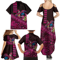 Hawaiian Abstract Sea Turtle Family Matching Summer Maxi Dress and Hawaiian Shirt Polynesian Tapa Art and Kakau Tattoo Pink WaterColor - Polynesian Pride