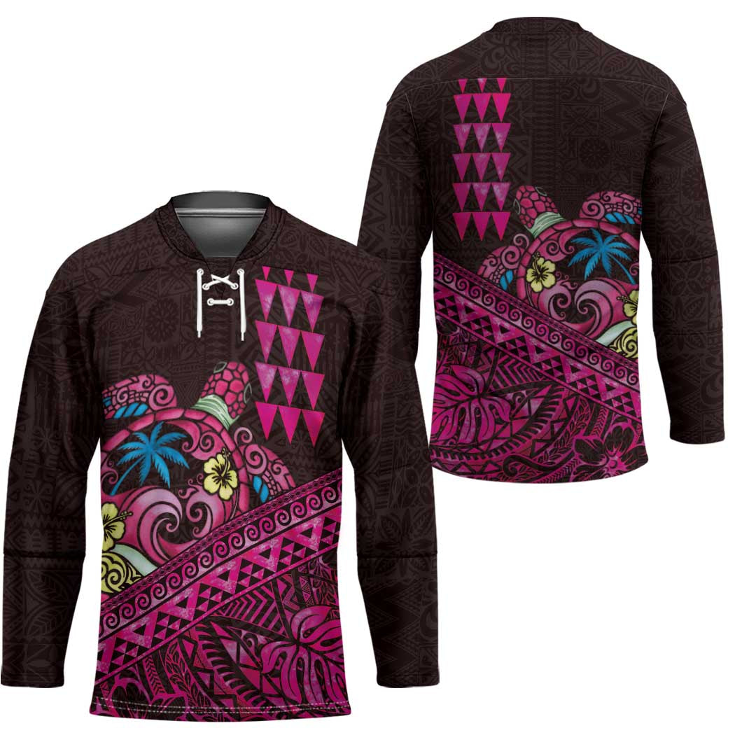 Hawaiian Abstract Sea Turtle Hockey Jersey Polynesian Tapa Art and Kakau Tattoo Pink WaterColor - Polynesian Pride