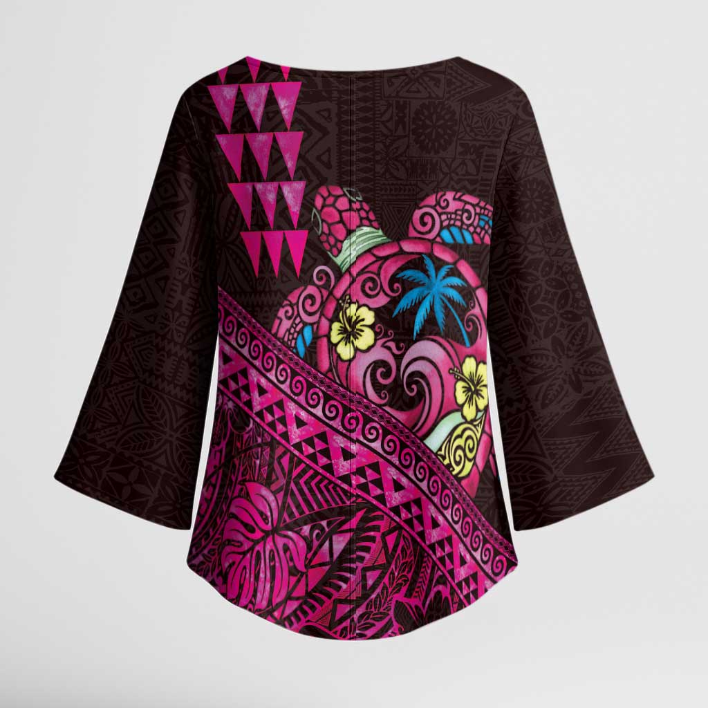 Hawaiian Abstract Sea Turtle Kimono Sleeve Blouse Polynesian Tapa Art and Kakau Tattoo Pink WaterColor - Polynesian Pride