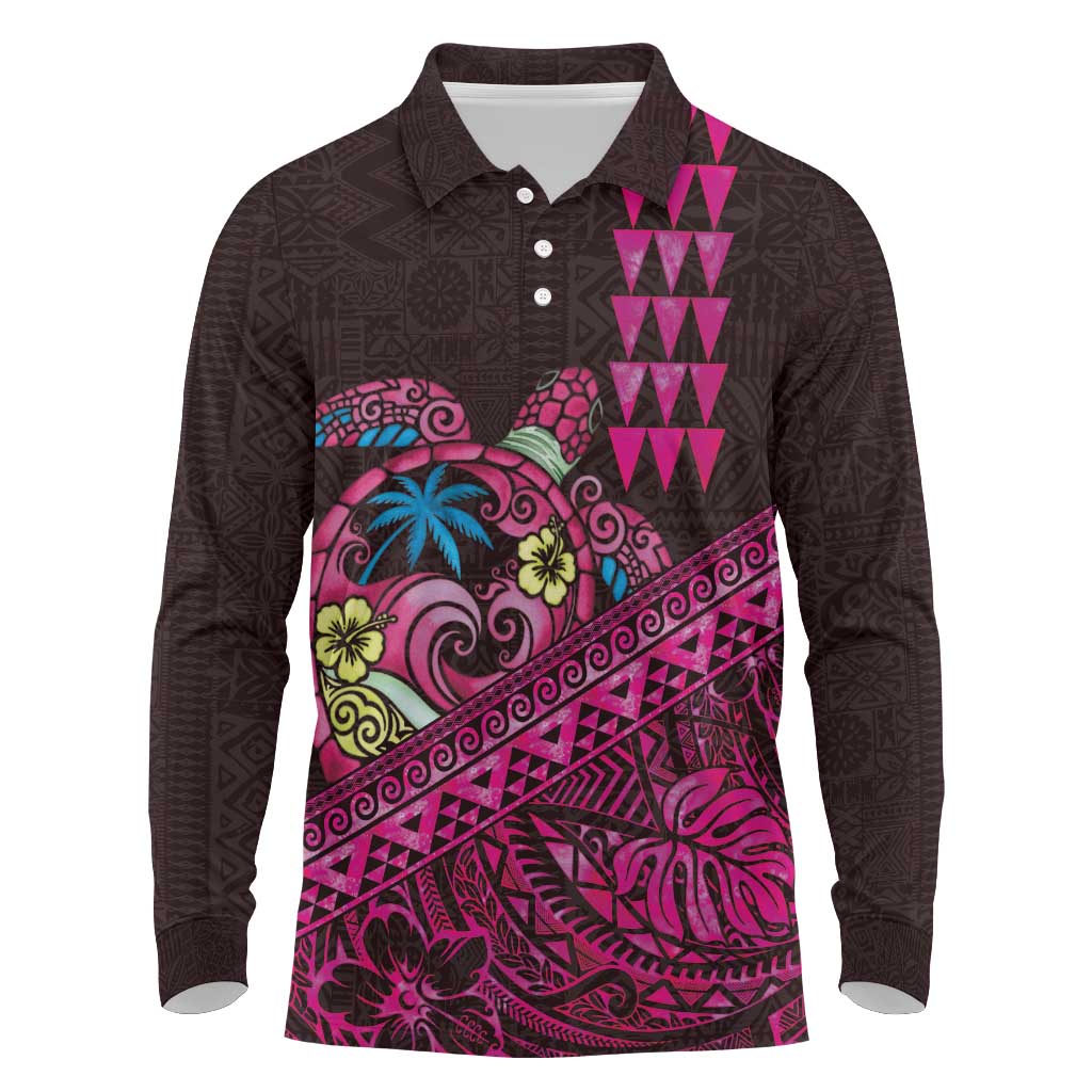 Hawaiian Abstract Sea Turtle Long Sleeve Polo Shirt Polynesian Tapa Art and Kakau Tattoo Pink WaterColor - Polynesian Pride