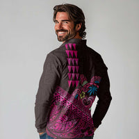 Hawaiian Abstract Sea Turtle Long Sleeve Polo Shirt Polynesian Tapa Art and Kakau Tattoo Pink WaterColor - Polynesian Pride