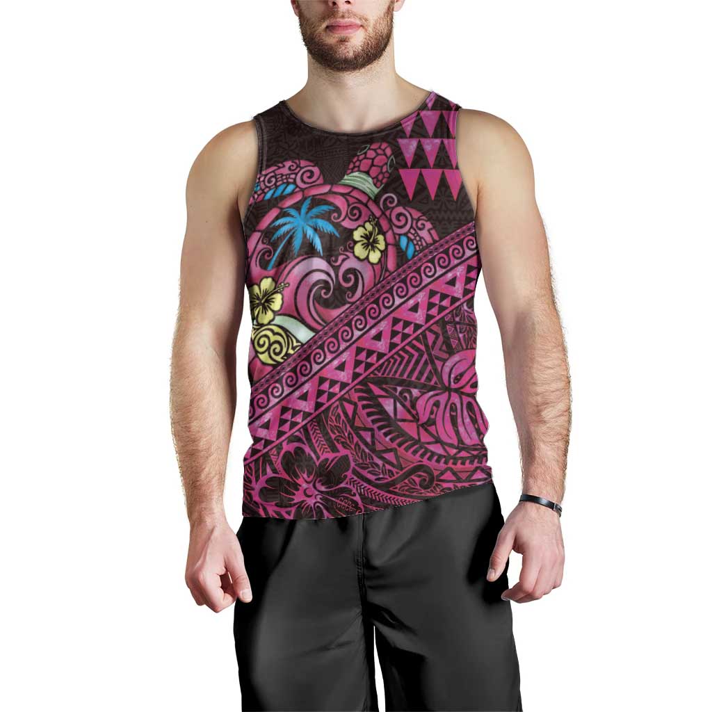 Hawaiian Abstract Sea Turtle Men Tank Top Polynesian Tapa Art and Kakau Tattoo Pink WaterColor - Polynesian Pride