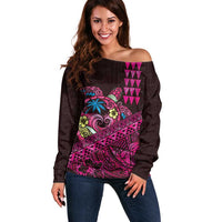 Hawaiian Abstract Sea Turtle Off Shoulder Sweater Polynesian Tapa Art and Kakau Tattoo Pink WaterColor - Polynesian Pride