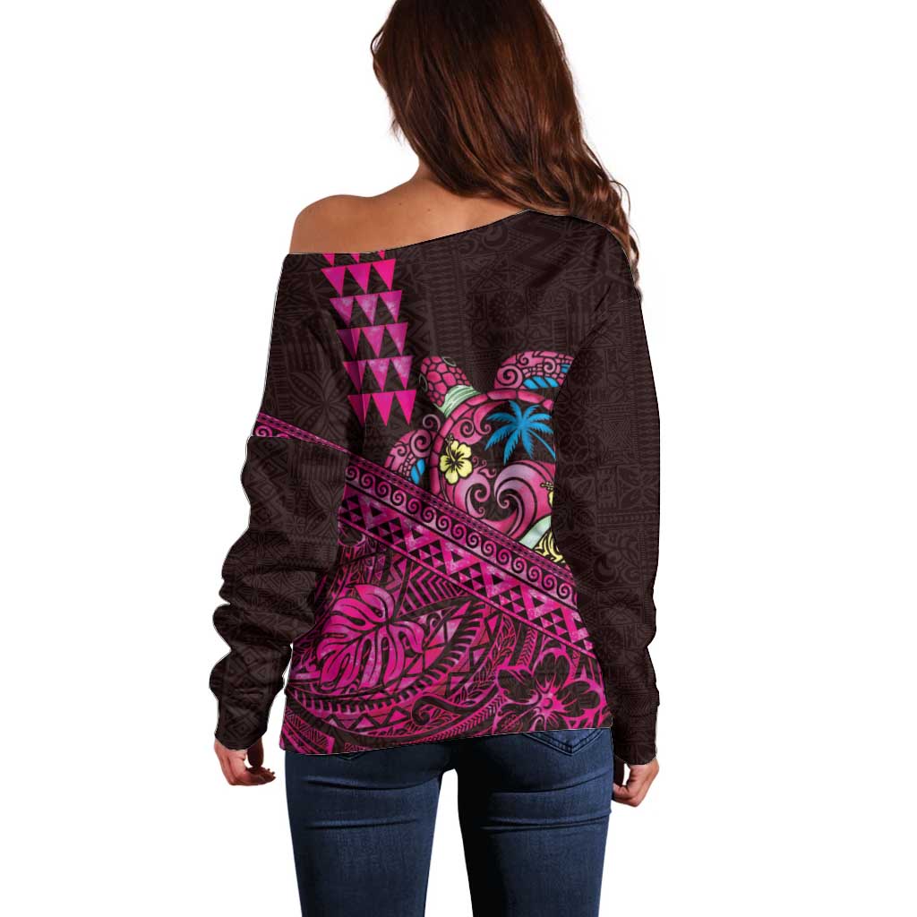 Hawaiian Abstract Sea Turtle Off Shoulder Sweater Polynesian Tapa Art and Kakau Tattoo Pink WaterColor - Polynesian Pride