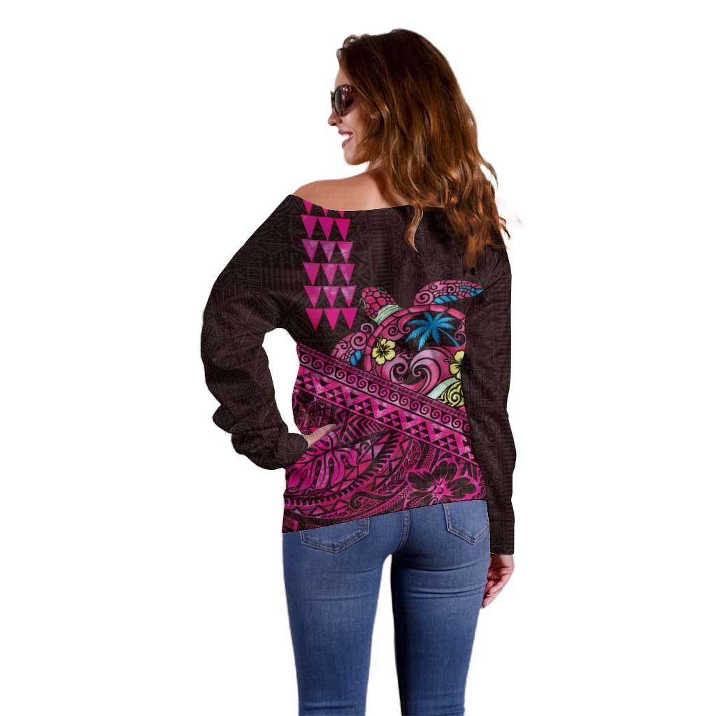 Hawaiian Abstract Sea Turtle Off Shoulder Sweater Polynesian Tapa Art and Kakau Tattoo Pink WaterColor - Polynesian Pride