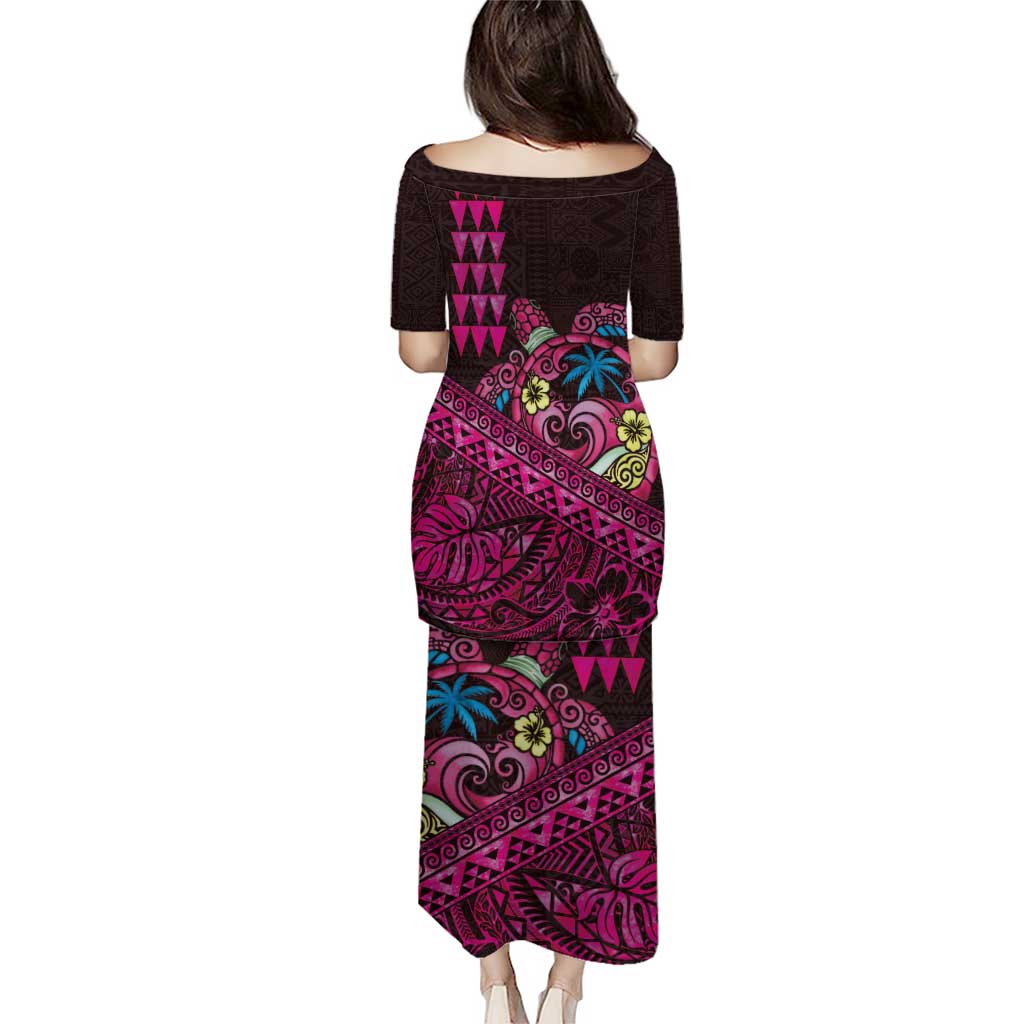 Hawaiian Abstract Sea Turtle Puletasi Polynesian Tapa Art and Kakau Tattoo Pink WaterColor - Polynesian Pride