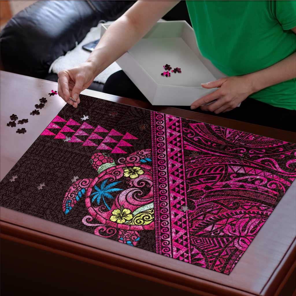 Hawaiian Abstract Sea Turtle Puzzle Polynesian Tapa Art and Kakau Tattoo Pink WaterColor - Polynesian Pride