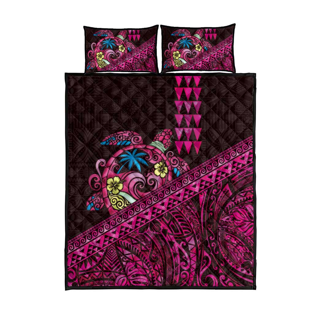Hawaiian Abstract Sea Turtle Quilt Bed Set Polynesian Tapa Art and Kakau Tattoo Pink WaterColor - Polynesian Pride