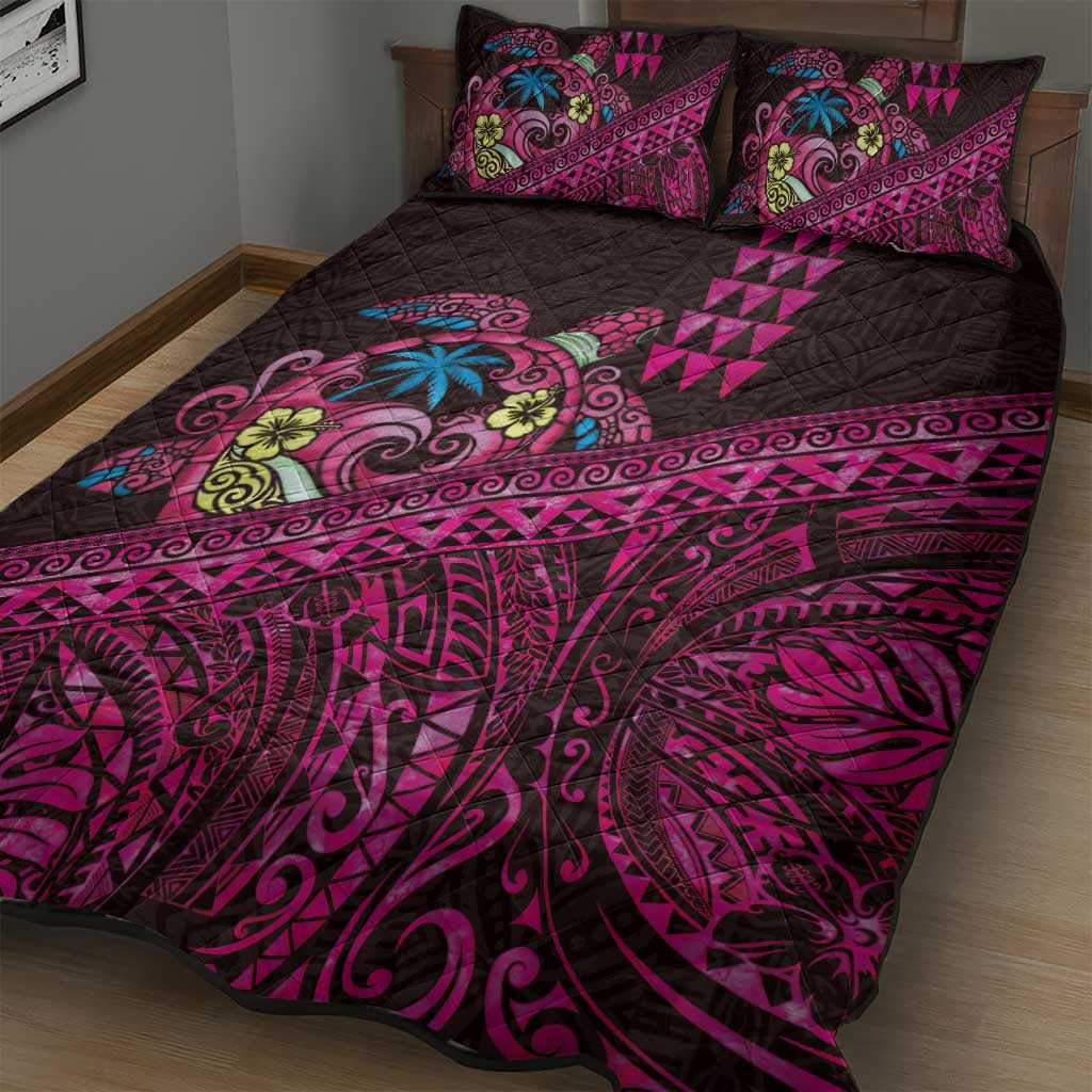 Hawaiian Abstract Sea Turtle Quilt Bed Set Polynesian Tapa Art and Kakau Tattoo Pink WaterColor - Polynesian Pride