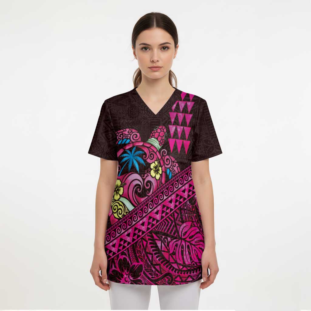 Hawaiian Abstract Sea Turtle Scrub Top Polynesian Tapa Art and Kakau Tattoo Pink WaterColor - Polynesian Pride