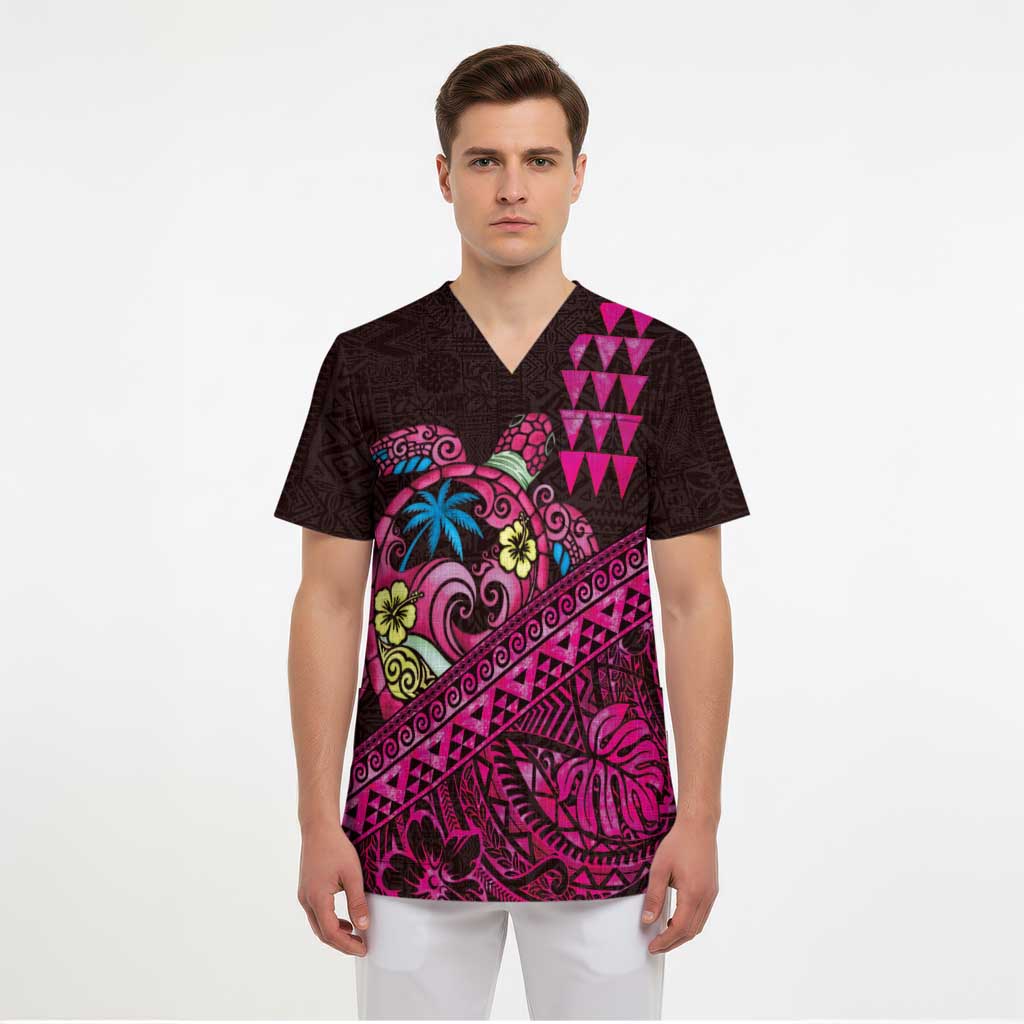 Hawaiian Abstract Sea Turtle Scrub Top Polynesian Tapa Art and Kakau Tattoo Pink WaterColor - Polynesian Pride