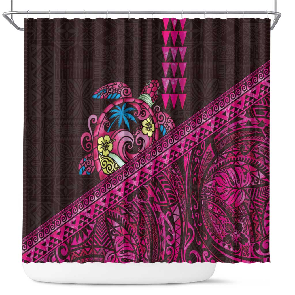 Hawaiian Abstract Sea Turtle Shower Curtain Polynesian Tapa Art and Kakau Tattoo Pink WaterColor - Polynesian Pride