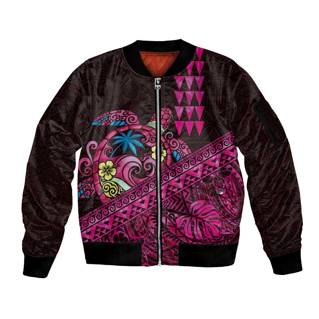 Hawaiian Abstract Sea Turtle Sleeve Zip Bomber Jacket Polynesian Tapa Art and Kakau Tattoo Pink WaterColor - Polynesian Pride