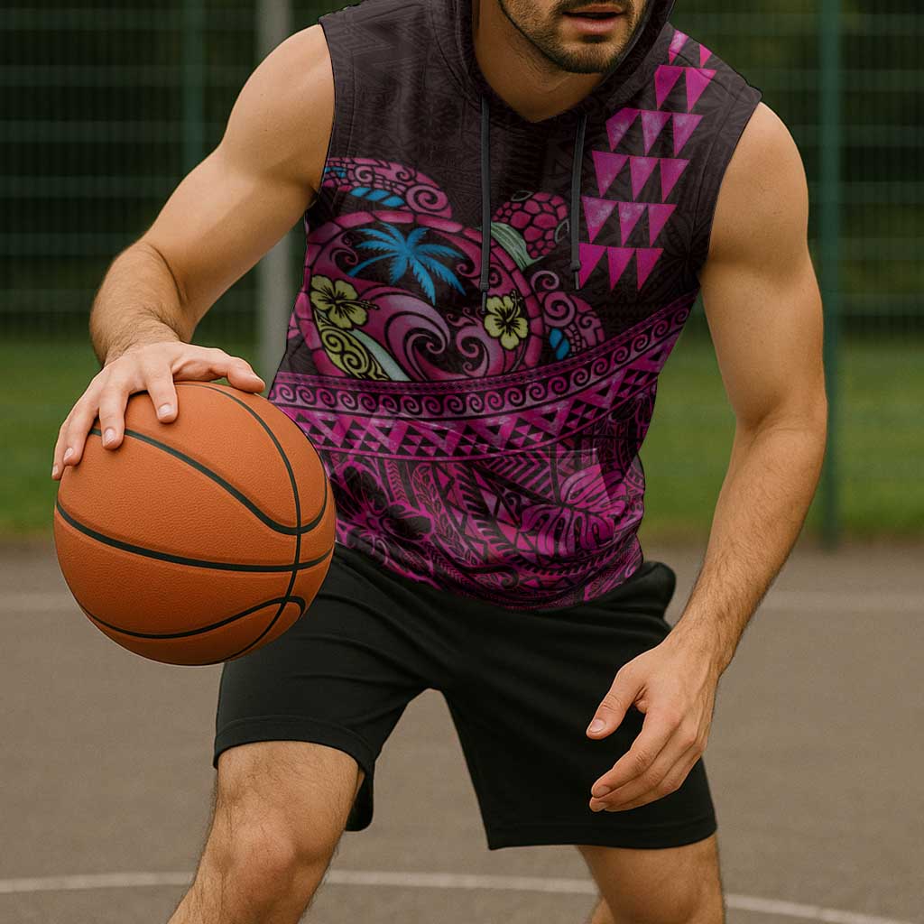 Hawaiian Abstract Sea Turtle Sleeveless Hoodie Polynesian Tapa Art and Kakau Tattoo Pink WaterColor - Polynesian Pride