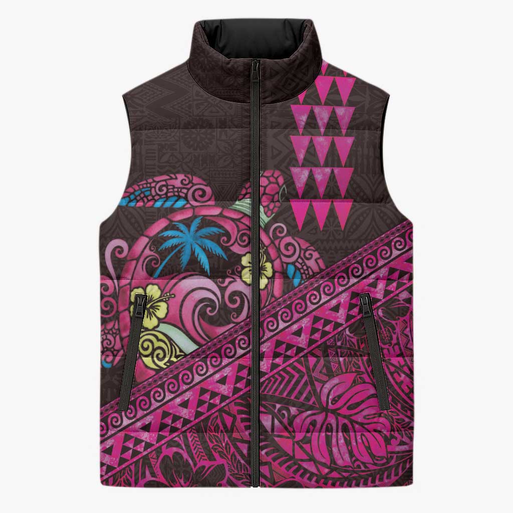 Hawaiian Abstract Sea Turtle Sleeveless Puffer Jacket Polynesian Tapa Art and Kakau Tattoo Pink WaterColor - Polynesian Pride