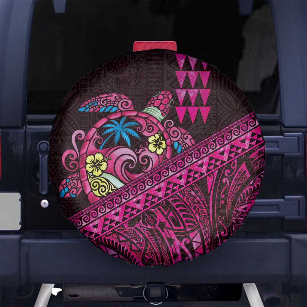 Hawaiian Abstract Sea Turtle Spare Tire Cover Polynesian Tapa Art and Kakau Tattoo Pink WaterColor - Polynesian Pride