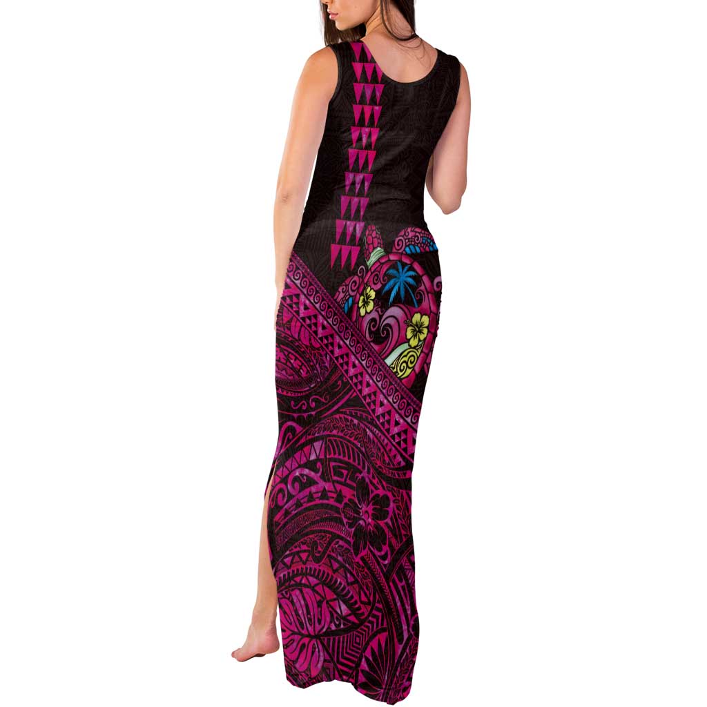 Hawaiian Abstract Sea Turtle Tank Maxi Dress Polynesian Tapa Art and Kakau Tattoo Pink WaterColor - Polynesian Pride