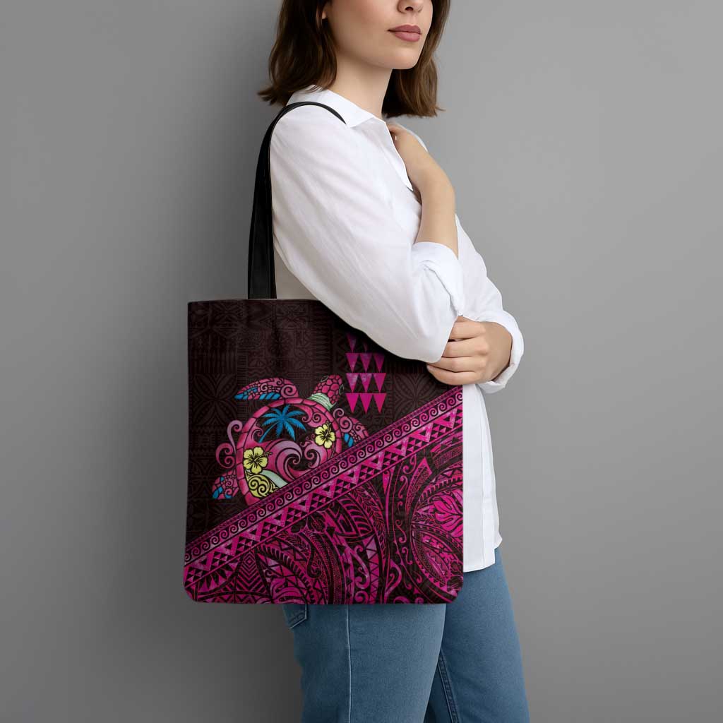 Hawaiian Abstract Sea Turtle Tote Bag Polynesian Tapa Art and Kakau Tattoo Pink WaterColor - Polynesian Pride