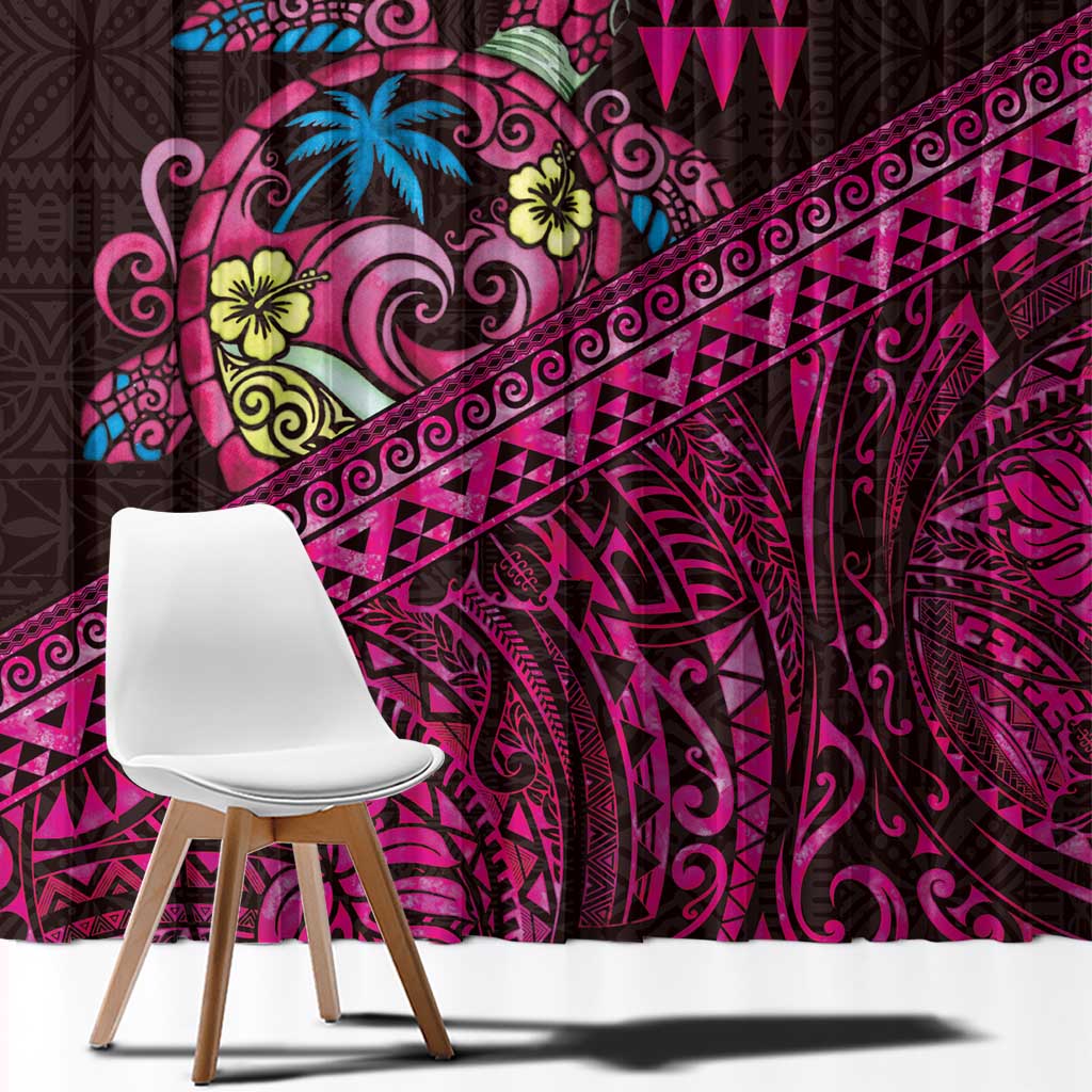 Hawaiian Abstract Sea Turtle Window Curtain Polynesian Tapa Art and Kakau Tattoo Pink WaterColor - Polynesian Pride