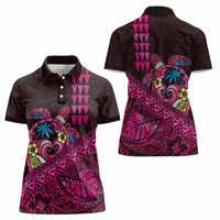 Hawaiian Abstract Sea Turtle Women Polo Shirt Polynesian Tapa Art and Kakau Tattoo Pink WaterColor - Polynesian Pride