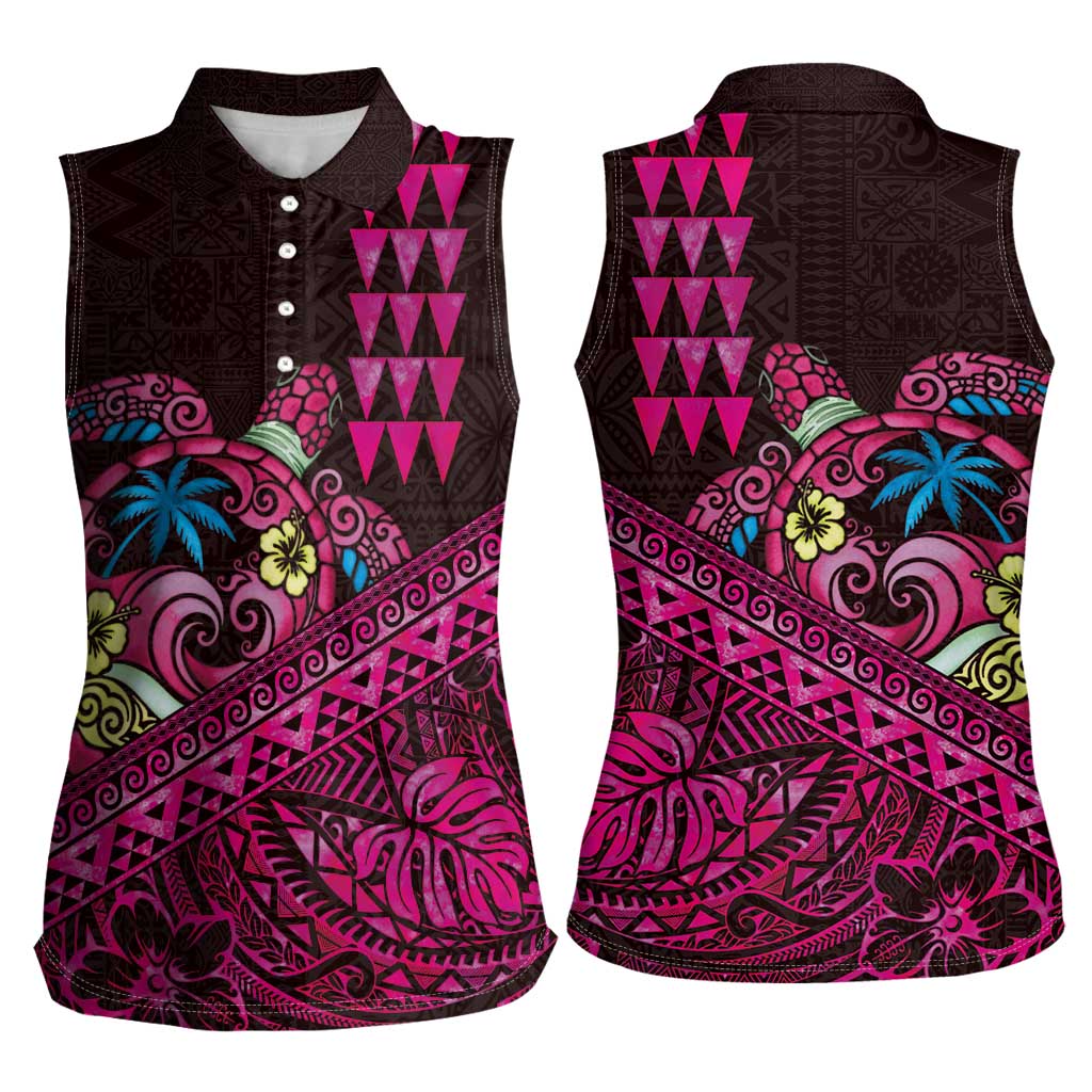 Hawaiian Abstract Sea Turtle Women Sleeveless Polo Shirt Polynesian Tapa Art and Kakau Tattoo Pink WaterColor - Polynesian Pride